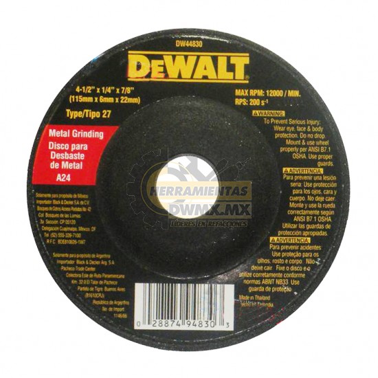 Disco Abrasivo 4 1/2" DeWalt DW44830 (DW54830)